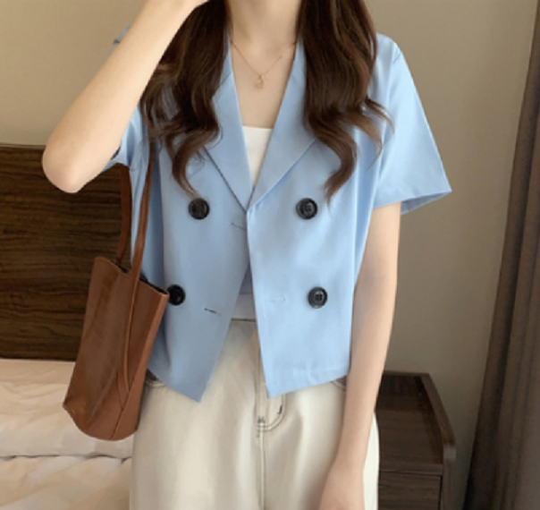 Versatile Short Blazer Short Sleeve Women's (Blue) (Size: One Size)】