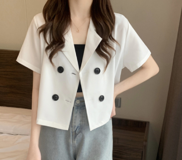 Versatile Short Blazer Short Sleeve Women's (White) (Size: One Size)】