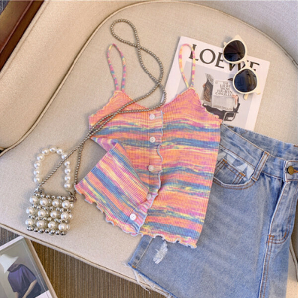 Rainbow striped small camisole (pink) (size: S/M/L) (contact customer service to confirm size after placing an order)】