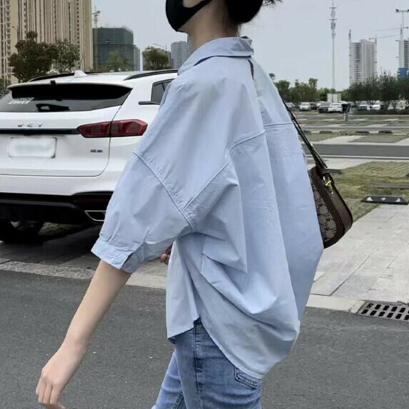Five-quarter sleeve shirt women's summer (blue [size S_XL] (contact customer service to confirm the shipping size after placing an order)】