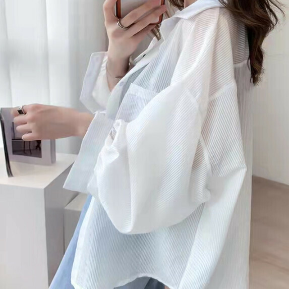 Sunscreen striped long-sleeved shirt women's summer (white [size S_2XL] (contact customer service to confirm the shipping size after placing an order)]