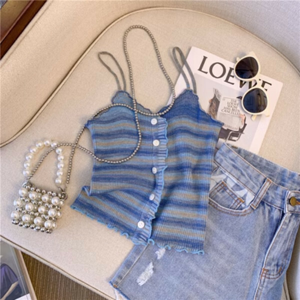 Rainbow striped small camisole (blue) (size: S/M/L) (contact customer service to confirm size after placing an order)】