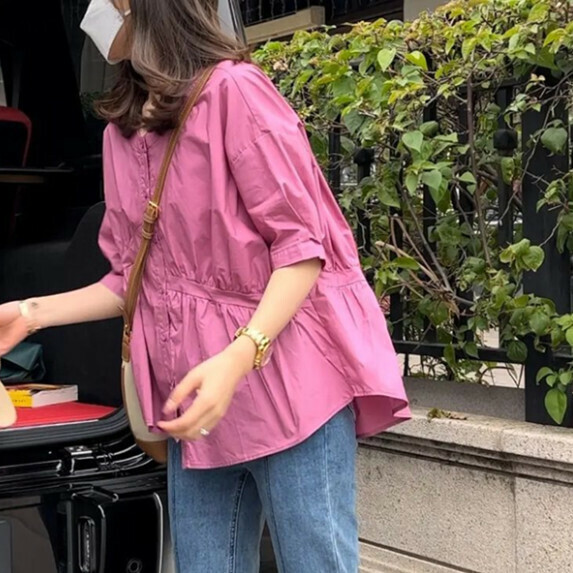 Irregular five-quarter sleeve shirt women's summer (plum color [size S_XL] (contact customer service to confirm the shipping size after placing an order)】