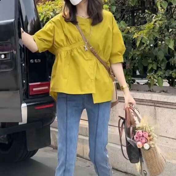 Irregular five-quarter sleeve shirt women's summer (mustard green [size S_XL] (contact customer service to confirm the shipping size after placing an order)】