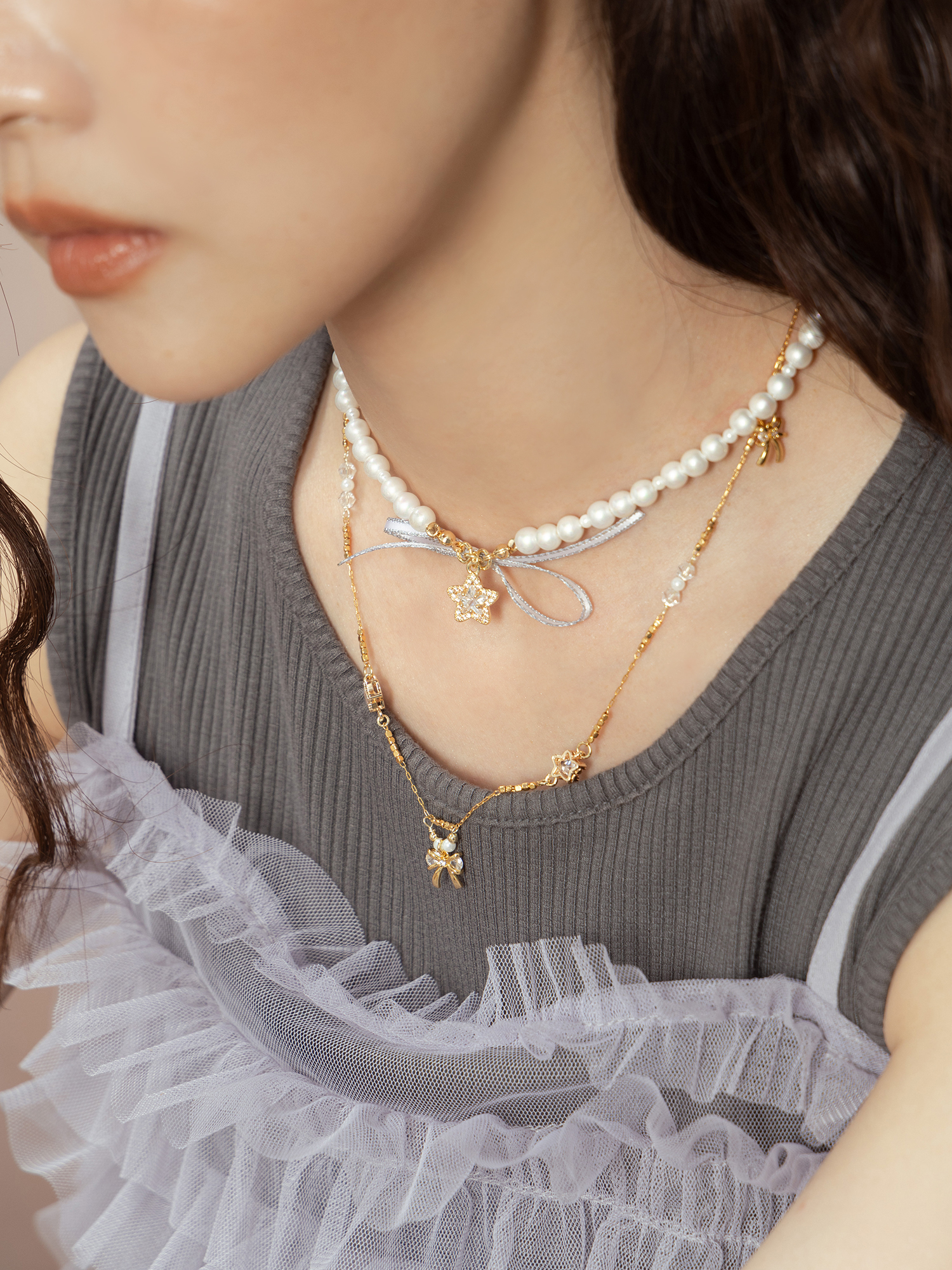 故事裡有情人。MUCHAT手作14KGP鋯石星星珍珠項鍊(不含鋯石蝶結項鍊)