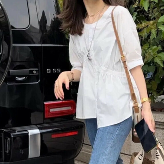 Irregular five-quarter sleeve shirt women's summer (white [size S_XL] (contact customer service to confirm the shipping size after placing an order)】