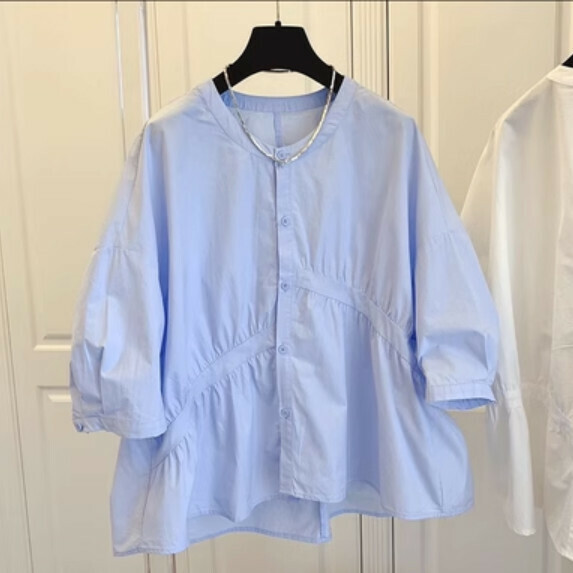 Irregular five-quarter sleeve shirt women's summer (blue [size S_XL] (contact customer service to confirm the shipping size after placing an order) 】