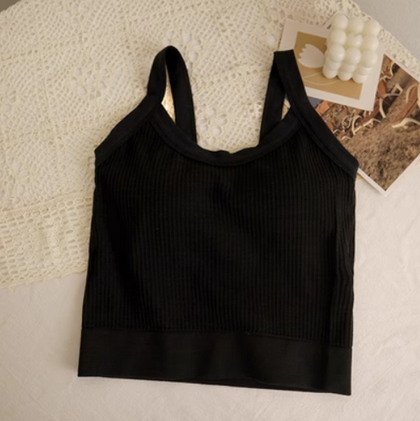 Fashionable and fashionable short tank top with chest pad (black) (size: one size)】