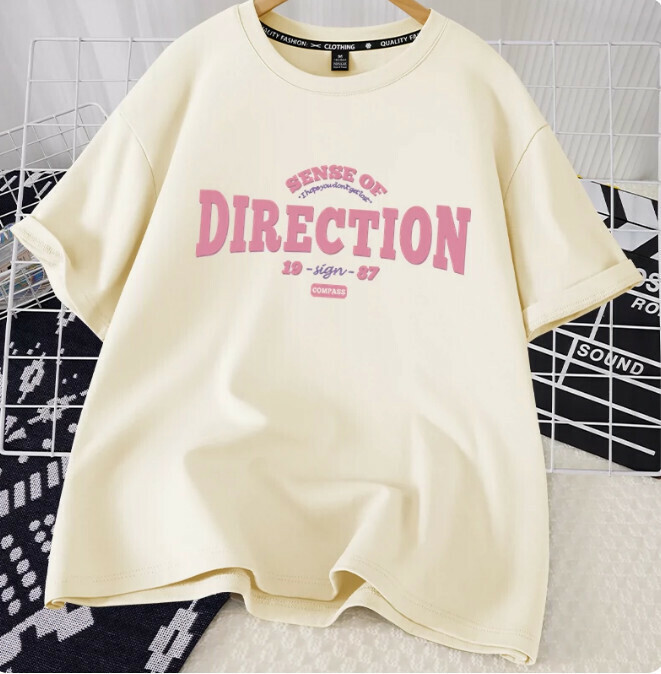 Casual loose short-sleeved T-shirt (beige direction S-2XL) (contact customer service to confirm the shipping size after placing an order)】