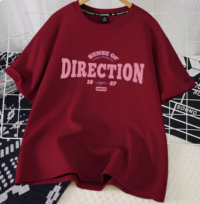 Casual loose short-sleeved T-shirt (burgundy direction S-2XL) (contact customer service to confirm the shipping size after placing an order)】