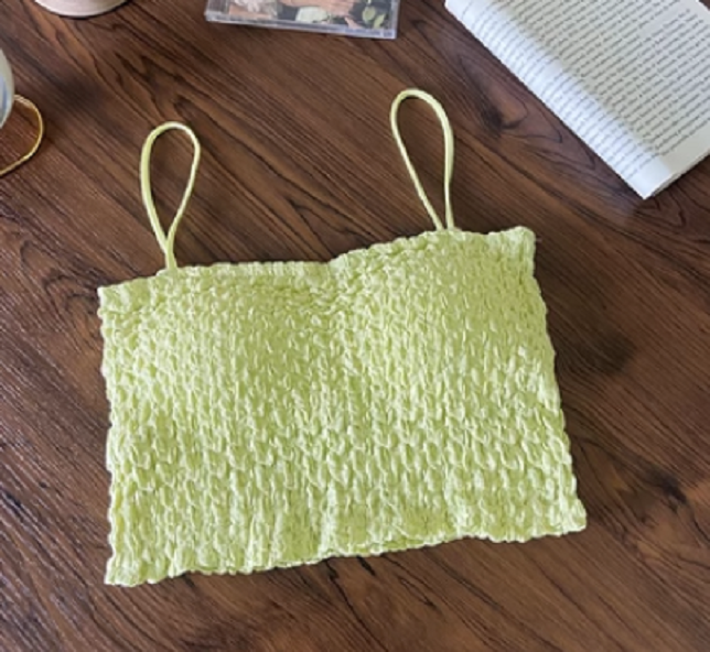 Short cropped belly button vest with padded puff pleated (green) (size: one size)】