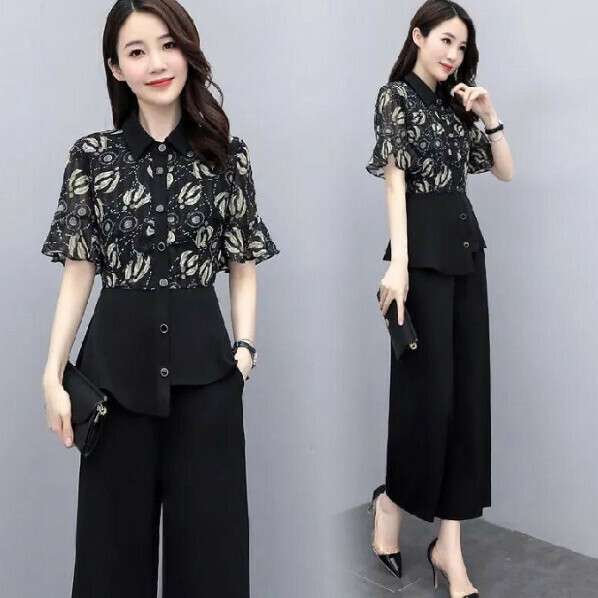 Fashionable wide-leg pants two-piece set [black] (size: M-3XL) (contact customer service to confirm the shipping size after placing an order)】