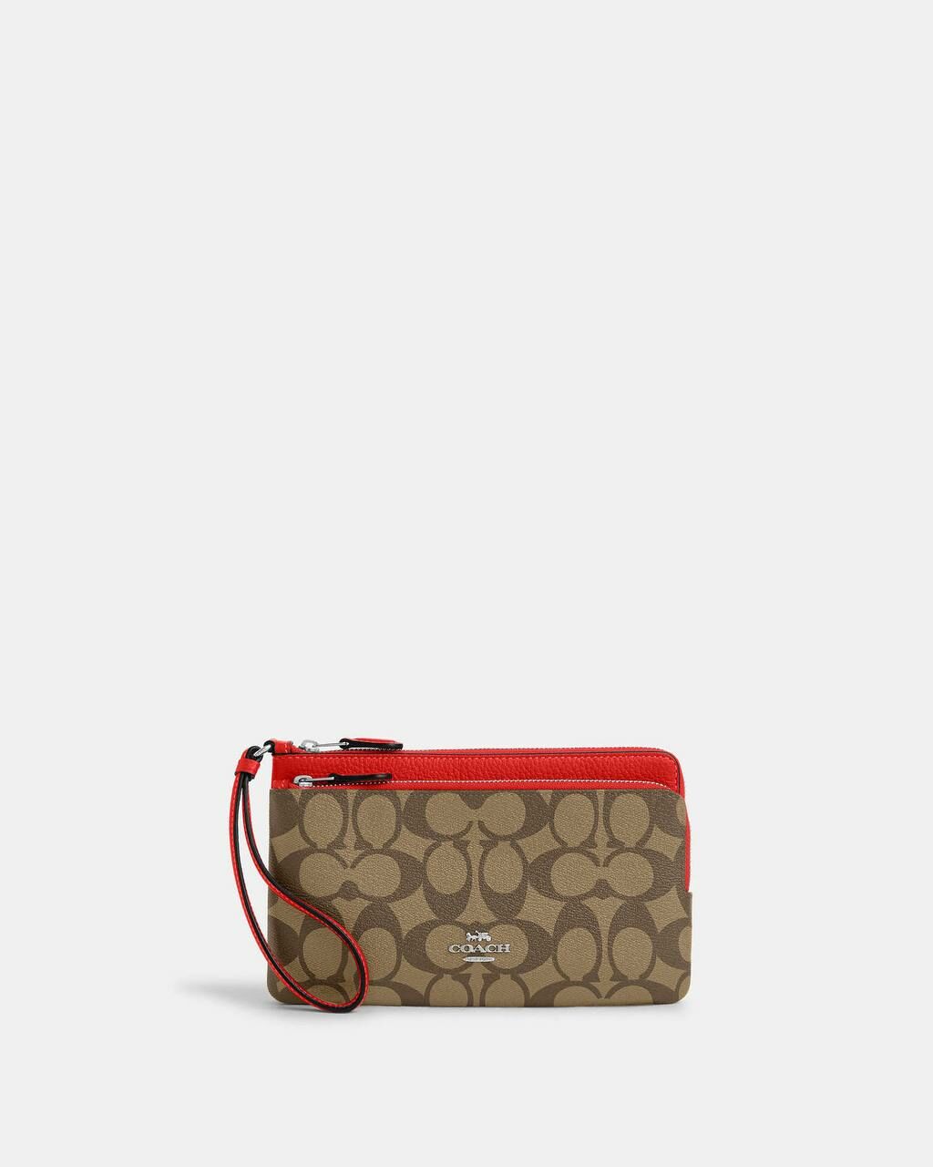 [S] COACH C5576 DOUBLE ZIP WALLET IN SIGNATURE CANVAS,KHAKI/MIAMI RED, 196395288816 (SCO782)