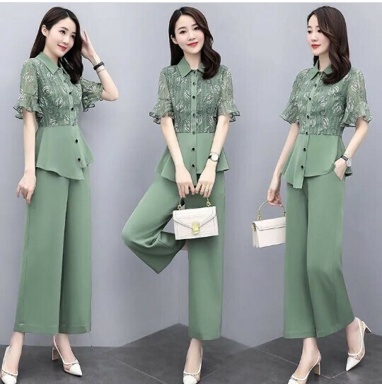 Fashionable wide-leg pants two-piece set [green] (size: M-3XL) (contact customer service to confirm the shipping size after placing an order)】