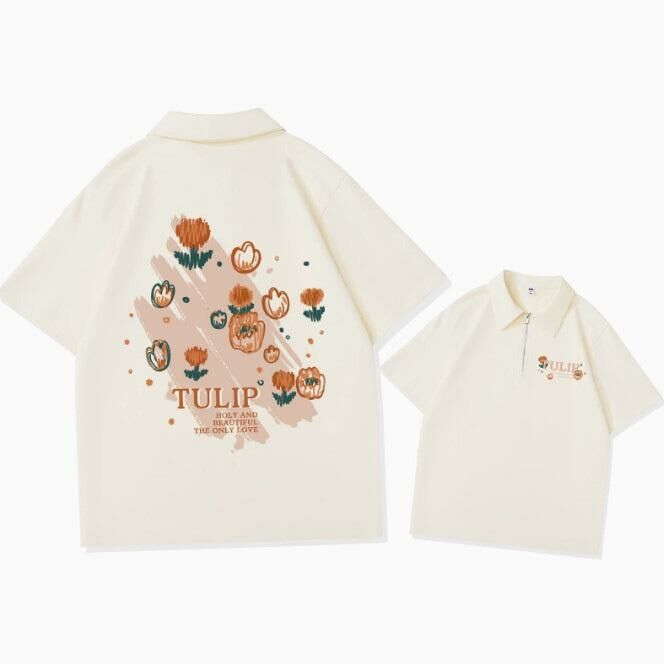 Casual loose short-sleeved T-shirt (beige tulip scroll orange S-2XL) (contact customer service to confirm the shipping size after placing an order)】