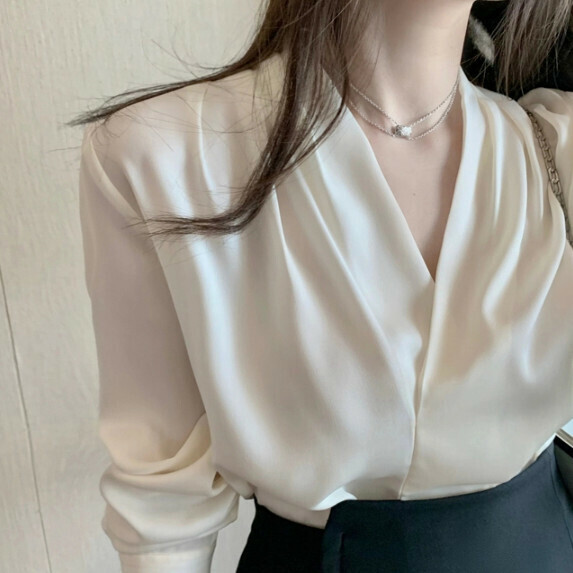 Professional chiffon V-neck shirt women's long-sleeved spring and autumn (white [size M_XL] (contact customer service to confirm the shipping size after placing an order)】
