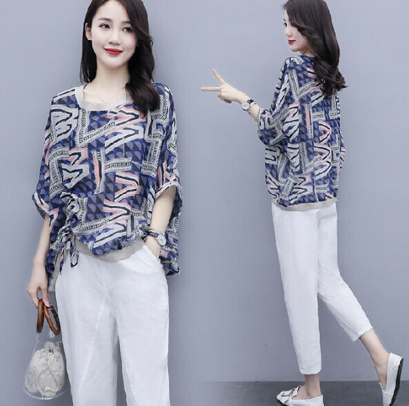 Fashion Printed Short Sleeve Two-Piece Set [Blue Shirt and White Pants] (Size: M-4XL) (Contact customer service to confirm the shipping size after placing an order)】