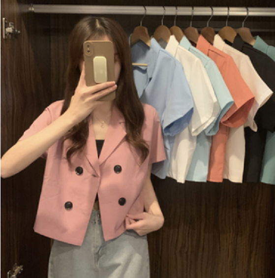 Versatile Short Blazer Short Sleeve Women's (Pink) (Size: One Size)】