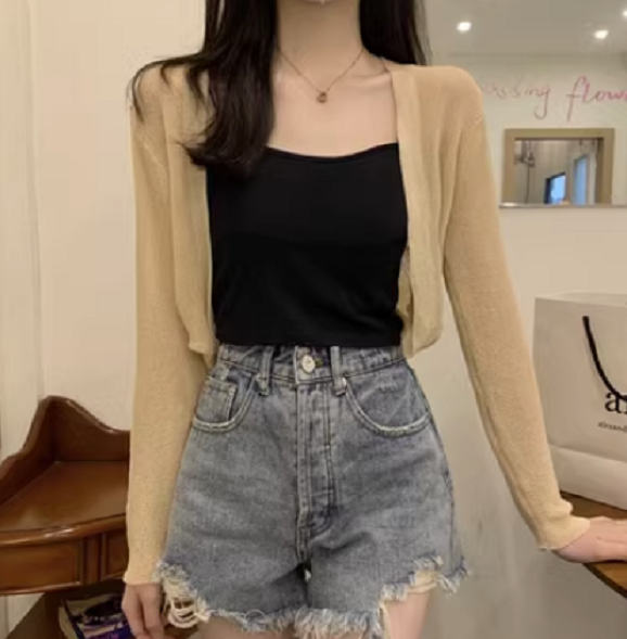 Versatile cropped long-sleeved jacket top (apricot) (size: one size)】