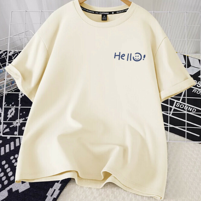 Casual loose short-sleeved T-shirt (beige Hello Smiling face S-2XL) (contact customer service to confirm the shipping size after placing an order)】