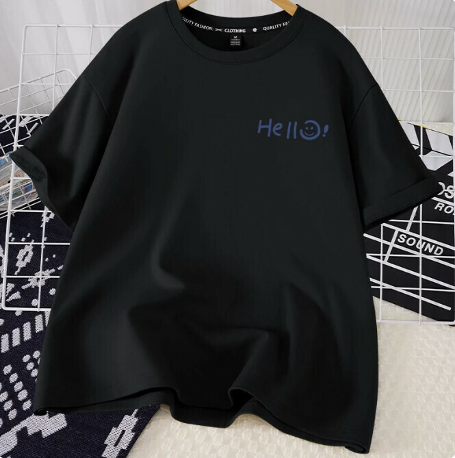 Casual loose short-sleeved T-shirt (black Hello Smiling face S-2XL) (contact customer service to confirm the shipping size after placing an order)】