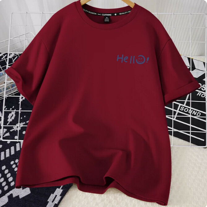 Casual loose short-sleeved T-shirt (burgundy Hello Smile S-2XL) (contact customer service to confirm the shipping size after placing an order)】