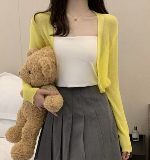 Versatile cropped long-sleeved jacket top (yellow) (size: one size)】