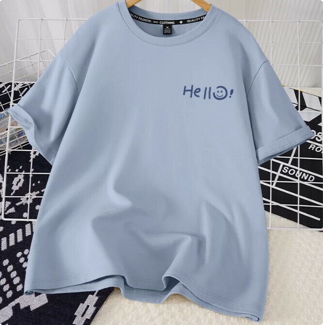Casual loose short-sleeved T-shirt (lake blue hello smiling face S-2XL size) (contact customer service to confirm the shipping size after placing an order)】