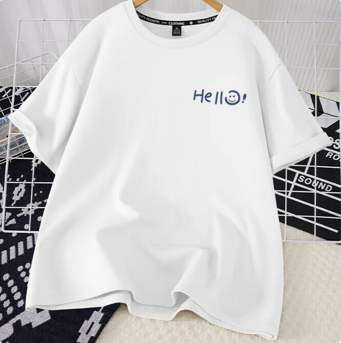 Casual loose short-sleeved T-shirt (white Hello Smiling face S-2XL size) (contact customer service to confirm the shipping size after placing an order)】