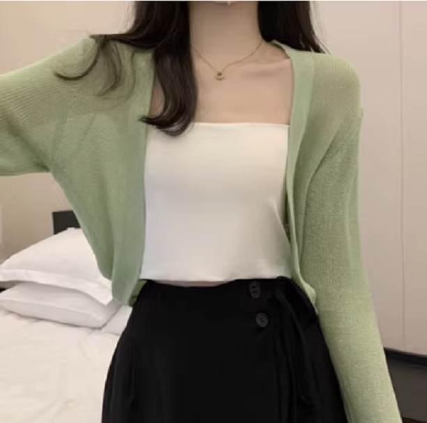Versatile cropped long-sleeved jacket top (green) (size: one size)】