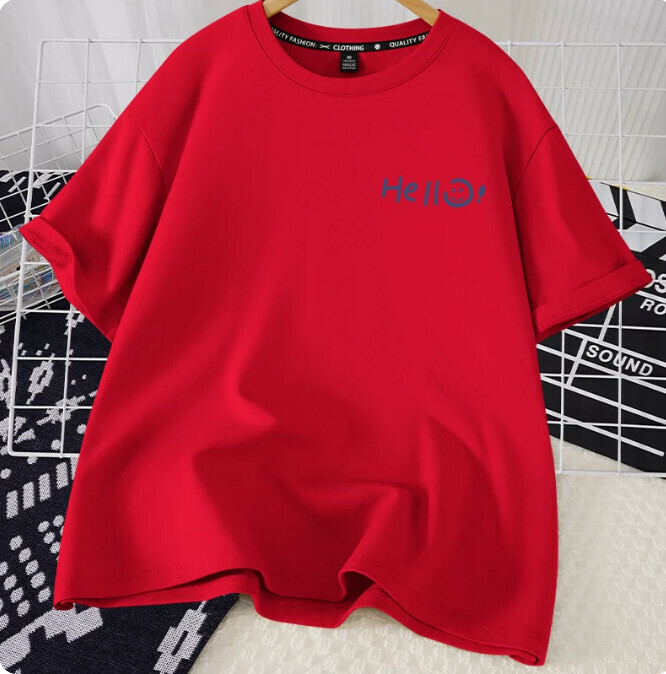 Casual loose short-sleeved T-shirt (red Hello Smile S-2XL) (contact customer service to confirm the shipping size after placing an order)】