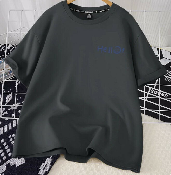 Casual loose short-sleeved T-shirt (quiet gray hello smiling face S-2XL size) (contact customer service to confirm the shipping size after placing an order)】