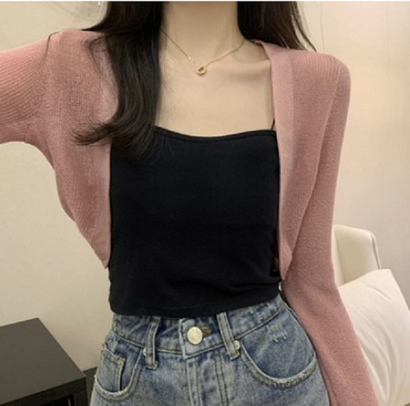 Versatile cropped long-sleeved jacket top (pink) (size: one size)】
