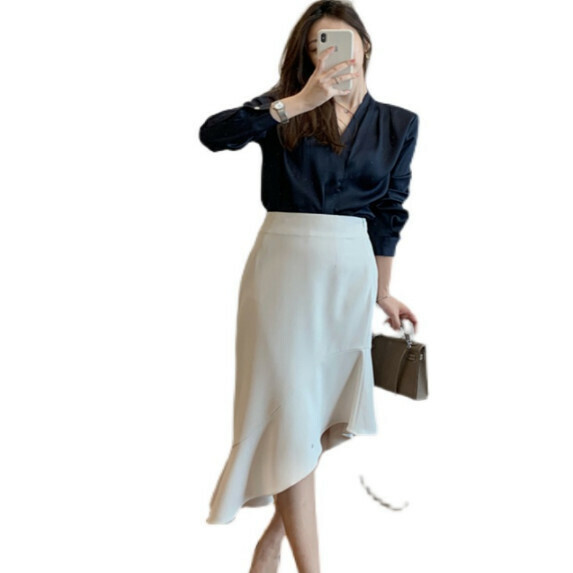 Professional chiffon V-neck shirt women's long-sleeved spring and autumn (navy blue [M_XL size] (contact customer service to confirm the shipping size after placing an order)】