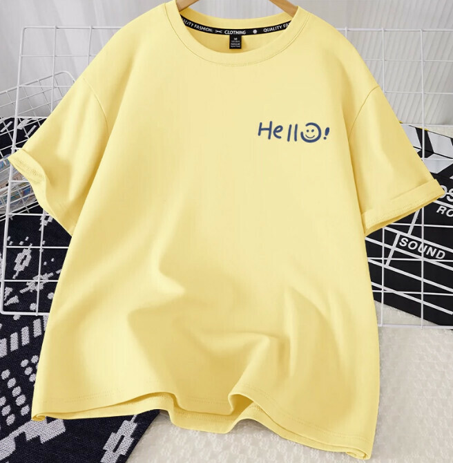 Casual loose short-sleeved T-shirt (cream yellow Hello Smiling face S-2XL size) (contact customer service to confirm the shipping size after placing an order)】
