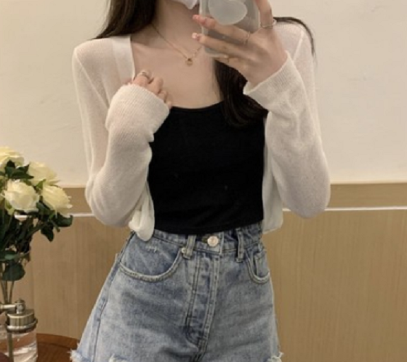 Versatile cropped long-sleeved jacket top (white) (size: one size)】