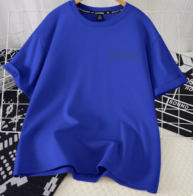 Casual loose short-sleeved T-shirt (royal blue Hello Smiling face S-2XL) (contact customer service to confirm the shipping size after placing an order)】