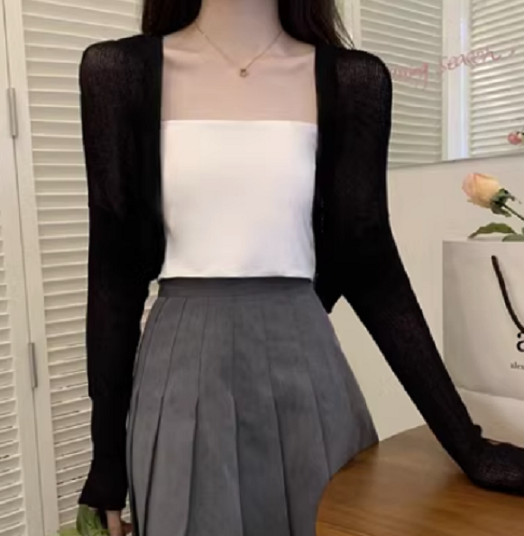 Versatile cropped long-sleeved jacket top (black) (size: one size)】