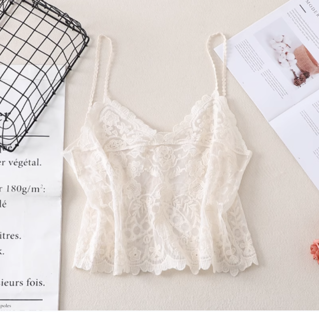 Camisole lace embroidered mesh smock (white) (one size) 】