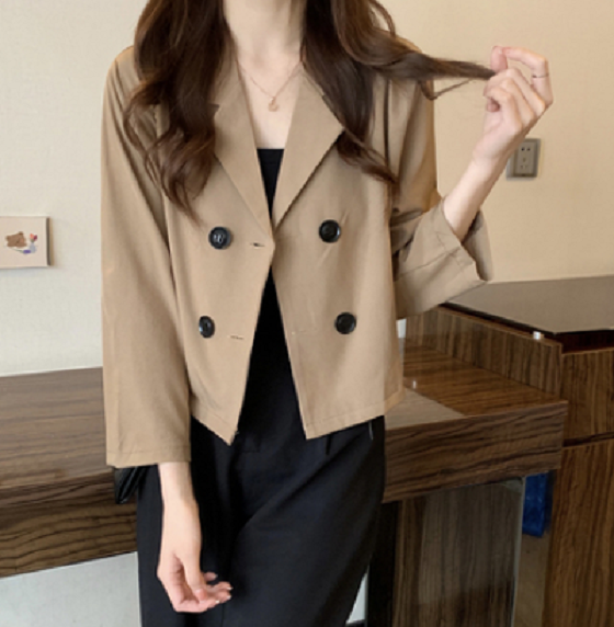 Loose casual cropped blazer (khaki) (size: one-size-fits-all)】