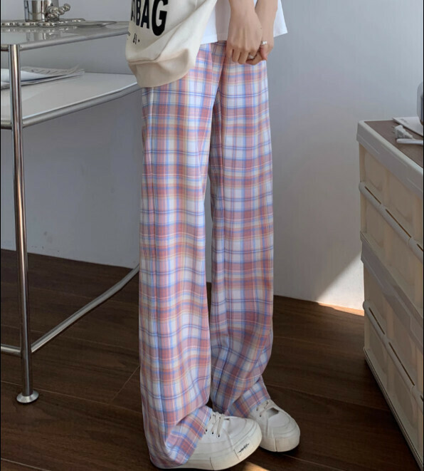 Pink plaid narrow wide-leg pants (pink plaid small man) (size: XS/S/M/L/XL/2XL) (contact customer service to confirm size after placing an order)】