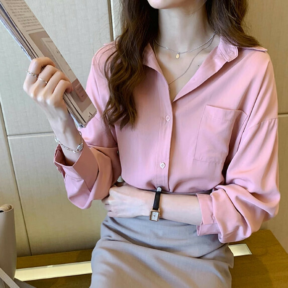 Loose long-sleeved shirt women's spring dress (pink [size S_L] (contact customer service to confirm the shipping size after placing an order)】