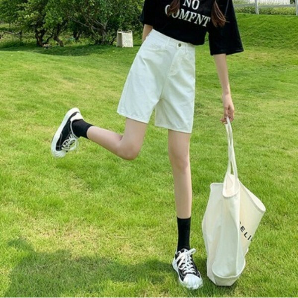 激抵高腰牛仔闊腿五分褲（白色）（碼數：XS/S/M/L/XL/2XL)(下單後聯絡客服確認尺碼）】