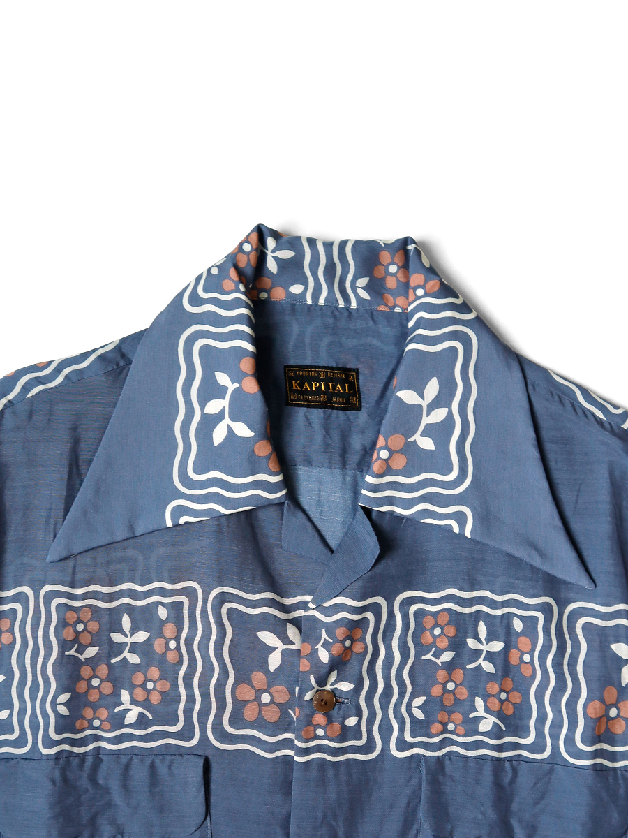 KAPITAL SILK RAYON COOKIE PATTERN WRANGLE COLLAR ALOHA SHIRT S/S - BLUE PRE ORDER ITEM (預訂中)