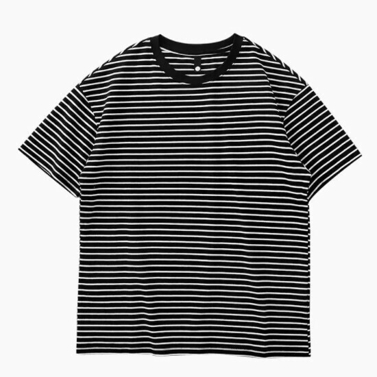 Loose casual striped short-sleeved T-shirt (M-4XL black) (contact customer service to confirm shipping size after placing an order)】