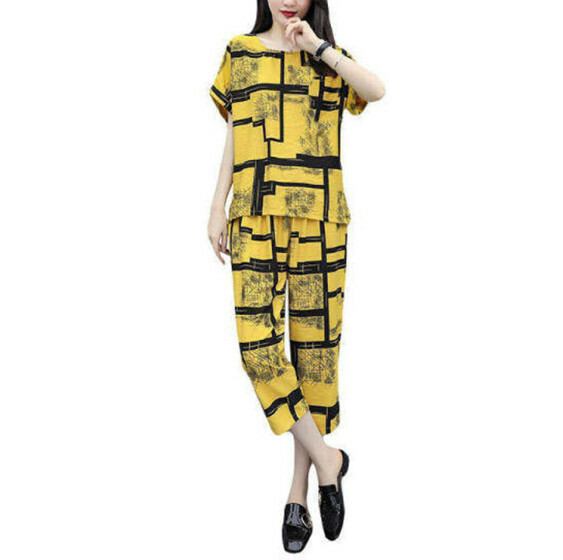 Loose and thin cropped pants two-piece set [yellow] (size: M-4XL) (contact customer service to confirm the shipping size after placing an order)]