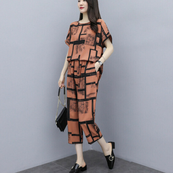 Loose and thin cropped pants two-piece set [Brown] (Size: M-4XL) (Contact customer service to confirm the shipping size after placing an order)】