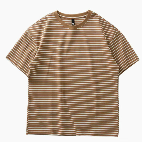 Loose casual striped short-sleeved T-shirt (M-4XL earthy) (contact customer service to confirm the shipping size after placing an order)】