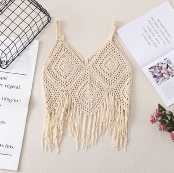 Cut-out knitted blouse, tasseled knitted camisole (apricot) (one size)】