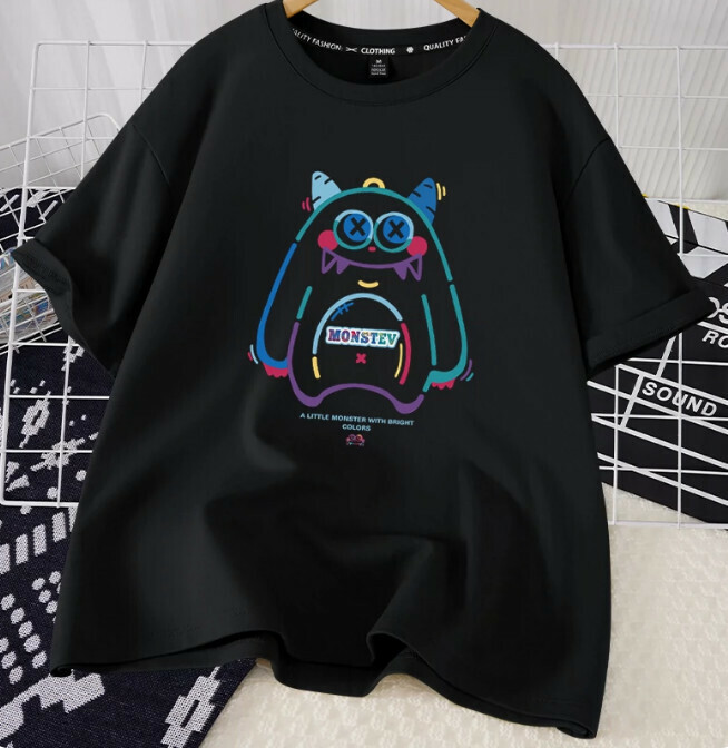 Casual loose short-sleeved T-shirt (black cute little monster S-2XL size) (contact customer service to confirm the shipping size after placing an order)】